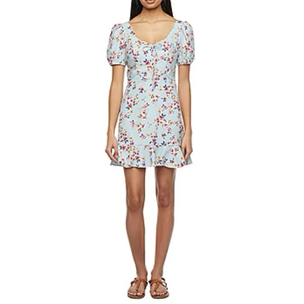 City Triangles blue floral linen self lined mini dress Size XS